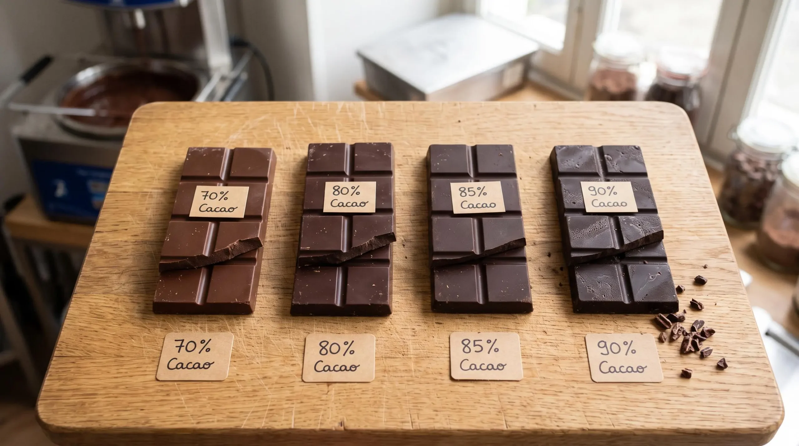 Quatre tablettes de chocolat noir à différents pourcentages de cacao disposées en parallèle sur une planche en bois avec étiquettes manuscrites en français