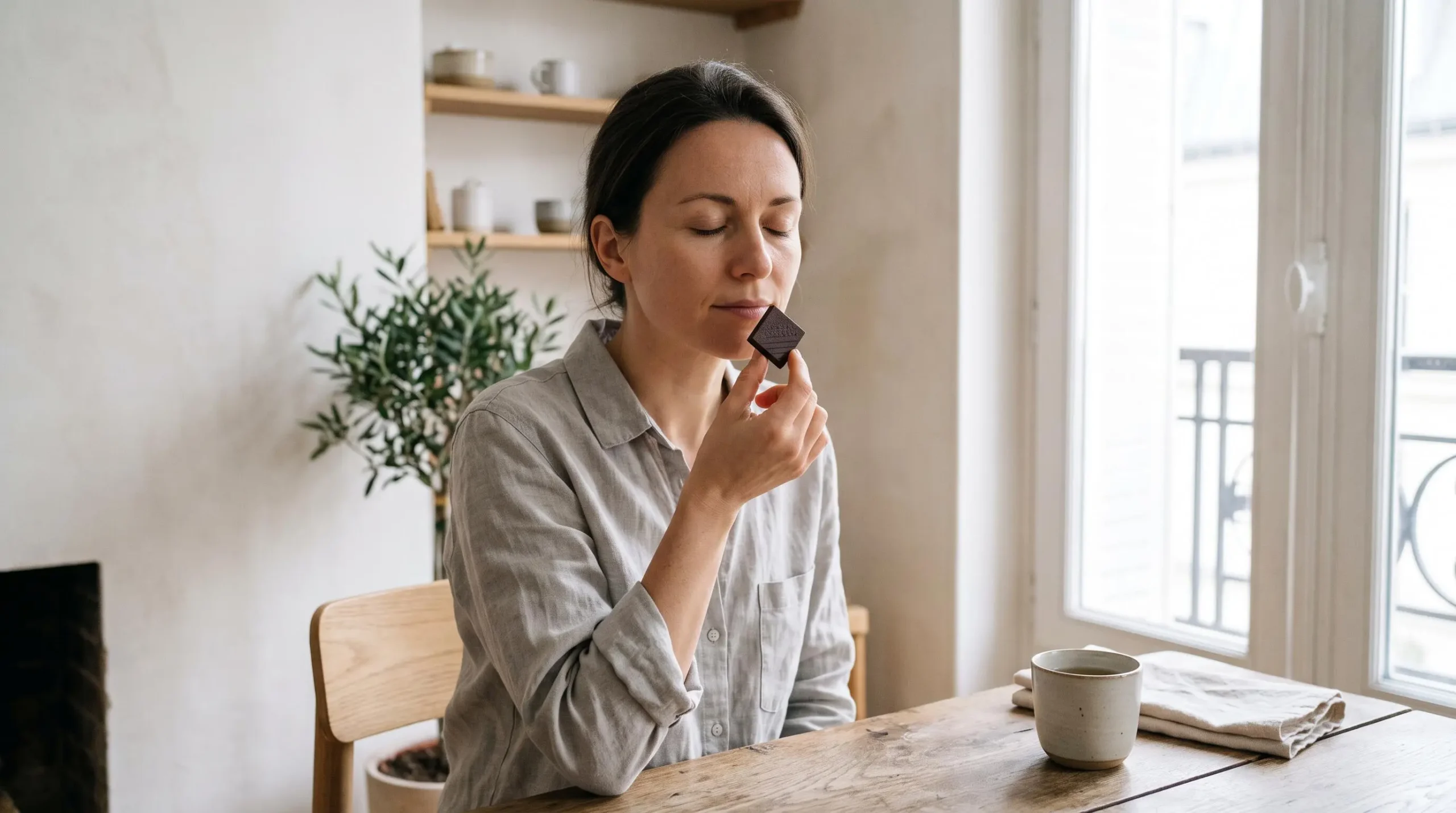 Femme dans la trentaine savourant consciemment un carré de chocolat noir près d'une fenêtre dans un intérieur français lumineux