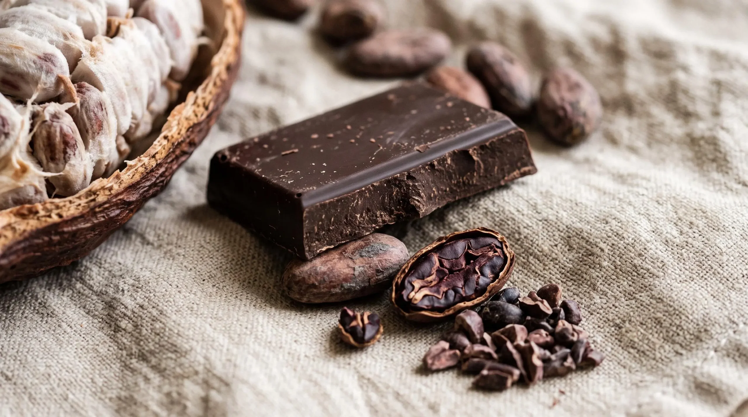 Fèves de cacao brutes et morceaux de chocolat noir cassés disposés sur un textile en lin naturel